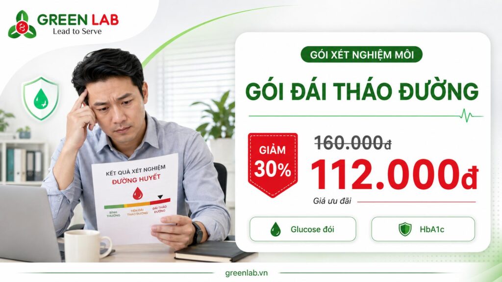 Gói xét nghiệm Đái tháo đường tại Green Lab gồm 2 xét nghiệm: Glucose đói và HbA1c. Giá gốc 160.000đ, hiện ưu đãi 30% còn 112.000đ