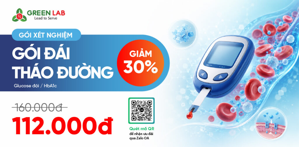 Gói xét nghiệm Đái tháo đường tại Green Lab gồm 2 xét nghiệm: Glucose đói và HbA1c. Giá gốc 160.000đ, hiện ưu đãi 30% còn 112.000đ